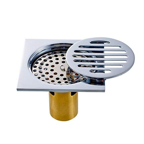 FChome 4 Inch Floor Drain, Brass Square Bathroom Tile Insert Floor Drainer with Removable Cover for Kitchen, Washroom, Garage and Basement,Polished Chrome