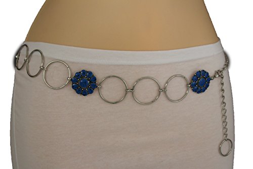 TFJ Women's Fashion Belt Hip High Waist Blue Beads Charms Silver Metal Chain Xs S M