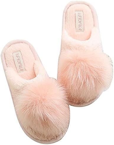 FreLO Women's Pink Plush Pom-Pom Fuzzy Slippers Fluffy Slippers (5.5)