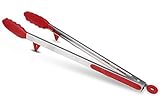 ATUB Silicone Tongs Heavy Duty Non-Stick Stainless Steel Tong With Built-in Stand Locking Head And Silicone Tips Serving For Kitchen Grilling Cooking BBQ Salad Steak (9 Inch Red)