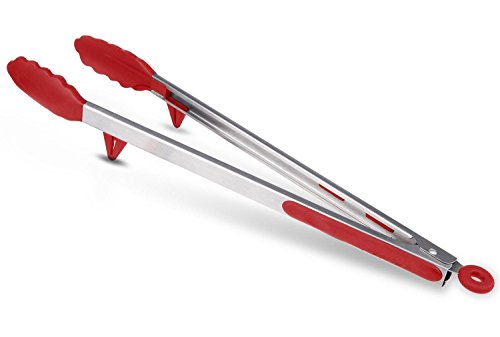 ATUB Silicone Tongs Heavy Duty Non-Stick Stainless Steel Tong With Built-in Stand Locking Head And Silicone Tips Serving For Kitchen Grilling Cooking BBQ Salad Steak (9 Inch Red)