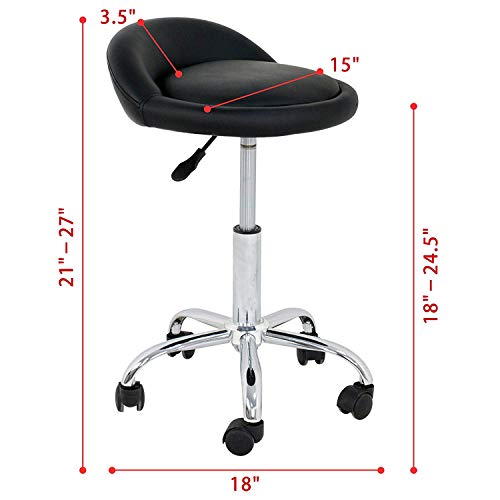 Oteymart Adjustable Hydraulic Rolling Stool Chair PU Leather Shop Stool Swivel Drafting Work Salon Stools with Wheels & Backrest (Black)