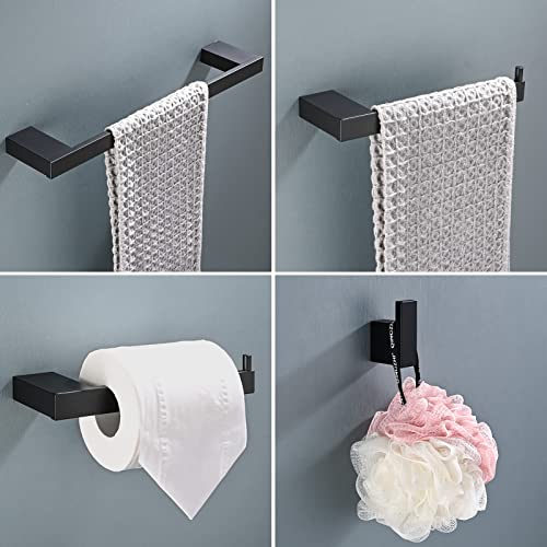 HANFU Towel or Toilet Paper Holder, Bathroom Accessories Set of 5, Aluminium 40 cm, Hooks for Bathrobe, Complete Wall Mount, Black