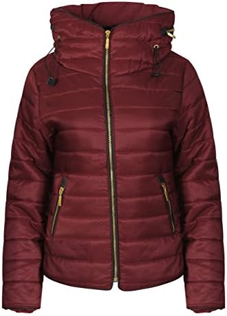 Women Designer Quilt Padded Puffer Jacket Faux Fur with Zipper Hood (XL, Red Wine)