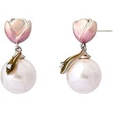 Tulip Flower Pearl Dangle Stud Earrings for Women 925 Sterling Silver Pink Floral Rhinestone Leaf Studs Pearl Bead Dangling Drop Charm Earrings