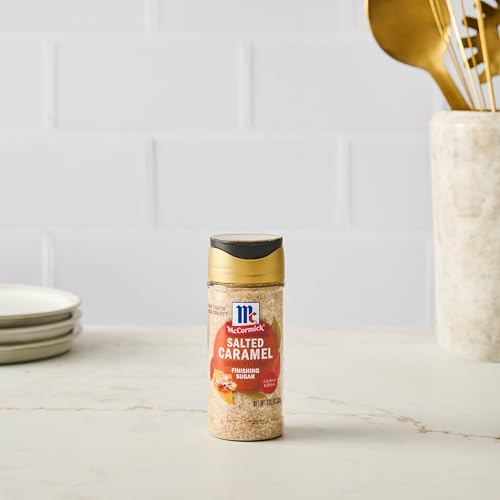 MCCORMICK FINISHING SUGAR, SALTED CARAMEL, RICH, CREAMY CARAMEL WITH A TOUCH OF SALT, ADD TO WARM BEVERAGES, SPRINKLE ON TREATS & SNACKS, NO COLORS FROM ARTIFICIAL SOURCES, 3.81 OZ