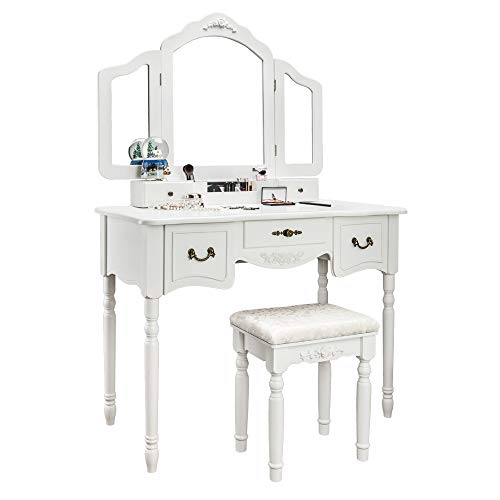 Modern Vanity Table Set with 5 Drawers Large Makeup Vanity Table with Tri-Folding Mirror&Cushioned Stool Bedroom Dressing Makeup Table (White)