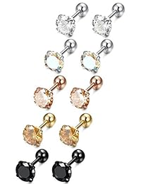 ORAZIO - 5 pares de pendientes de acero inoxidable de 0.63 oz con incrustaciones de circonita cúbica de 4 a 0.315 in