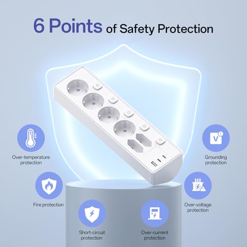 Power Strip with USB, 6 Sockets and 3 USB, PD 30 W Power Strip with Surge Protection, 2 m Electric Power Strip with Switch for Desk, Office, Home