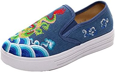 AvaCostume Women Dragon Embroidery Chinoiserie Flats Slip-on Loafer Sneaker Shoes
