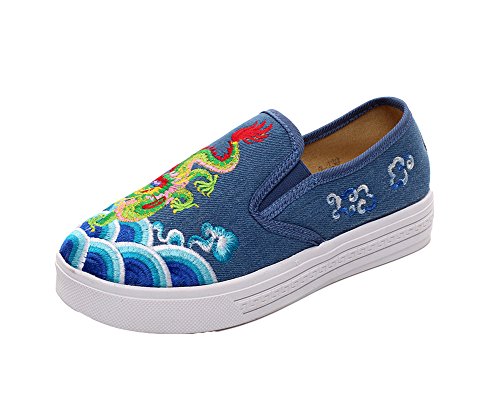 AvaCostume Women Dragon Embroidery Chinoiserie Flats Slip-on Loafer Sneaker Shoes