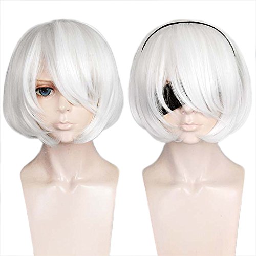 Anogol Hair Cap+ Short Bob Pure White Cosplay Wig Costume Hair For Party