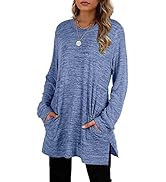 LERUCCI Womens Round Neck Casual Long Sleeve Loose Fall Pullover Side Split Tunic Tops with Pockets