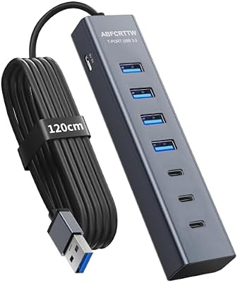 7 Port Hub USB 3.0, Aluminium Hub avec 120cm Câble pour PC Bureau, USB Adaptateur Multiport avec 4 USB-A & 3 USB-C, 5V 3A Type-C pour PC, Laptop, MacBook, MacBook, Souris, Clavier, Disque U etc