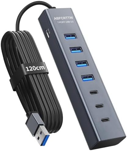 7 Puertos Hub USB 3.0 con 120cm Cable para PC Computadora, Aluminio USB Hub Adaptador multipuerto con USB 3.0 5Gbps, 4 USB-A & 3 USB-C Puertos, para PC, Laptop, MacBook, Mouse, Teclado, U-Disk etc.
