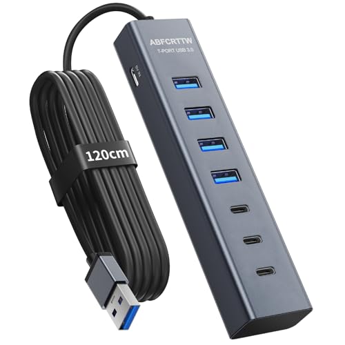 7 Port USB 3.0 Hub, Aluminium Hub with 120 cm Cable for Desktop, USB Multiport Adapter with 4 USB-A & 3 USB-C, 5V 3A Type-C for PC, Laptop, MacBook, MacBook, Mouse, Keyboard, U Disk etc
