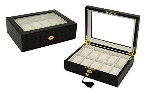 10 Piece Ebony Walnut Wood Men's Watch Box Display Case Collection Jewelry Box Storage Glass Top 10 Piece Ebony Walnut Wood Men's Watch Box Display Case Collection Jewelry Box Storage Glass Top