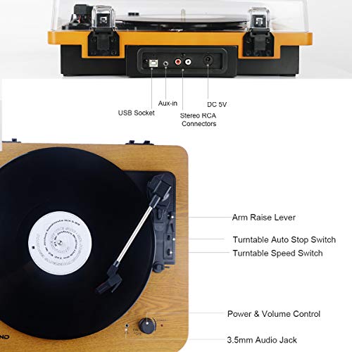 Record Player Belt Driven Vintage Vinyl Turntable 3-Speed Supporting Vinyl to MP3 Converter - Natural Wood (T202-M)