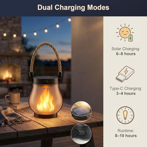 Solar Lanterns Outdoor Waterproof 4 Pack, Outdoor Solar Lanterns with Flickering Flame Effect, USB-C & Solar Charging, Auto Dusk to Dawn, Hanging Light for Garden Patio Yard