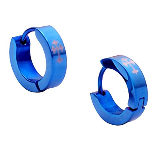 Blue Stainless Steel Mens Cross Hoop Earrings Jewelry