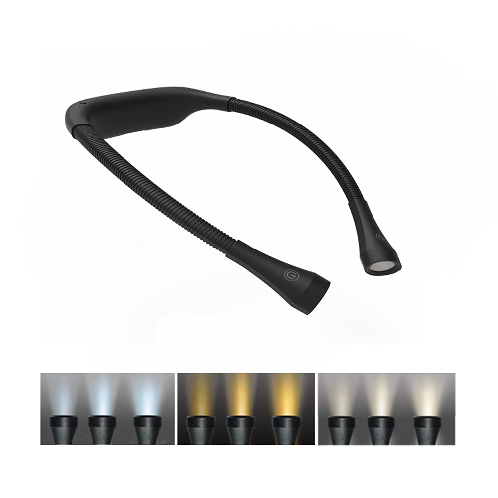 TINYOUTH Black Neck Book Lights for Reading, 2000mAh USB Rechargeable Knitting Light with 3 Light Modes & Stepless Dimming for Fishing Repairing Sewing Craftwork Crocheting