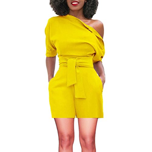 Gyoume Women Bodycon Jumpsuits Romper Cold Shoulder Shorts Pocket Jumpsuit Mini Overalls Yellow