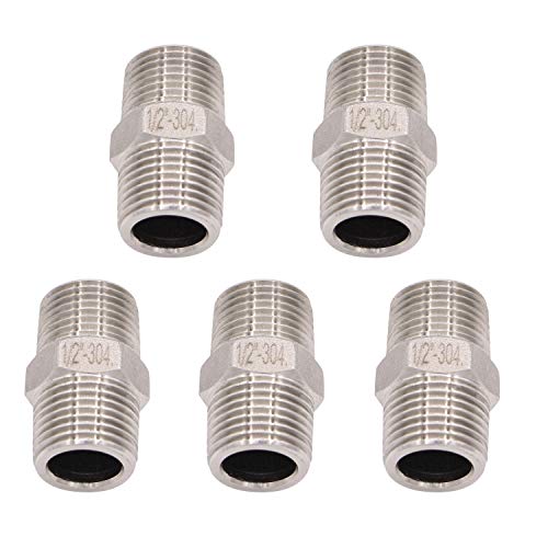 Hex Nipple 1/2" Male NPT - Stainless Steel 304 Threaded Pipe Fitting 1/2" for Brew Kit, Home Piping Application, Pack of 5