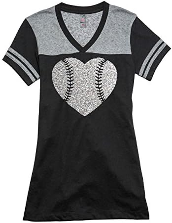 Baseball Laces Silver Glitter Heart Varsity V-Neck T-Shirt 4XL Black
