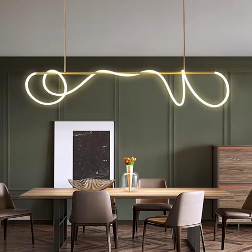 SMG - Lámpara colgante lineal LED moderna para comedor, lámpara de araña dorada regulable para oficina, lámpara de techo de 59 pulgadas con control remoto, atenuación continua, lámpara de manguera