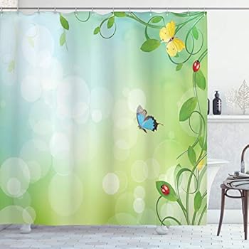 Ambesonne Ladybugs Shower Curtain, Spring Theme with Flowers Ladybugs and Butterflies Transformation Morph Print, Cloth Fabric Bathroom Decor Set with Hooks, 75