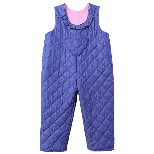 YÂ·J Back home Little Girl Adjustable Denim Snow Ski Bib Pants Toddler Winter Overalls Kids Puffer Snowsuit with Heart Pockets and Ruffle Collar,18-24 Months