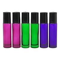 Roll-on Glass Bottles,6 PC 10ml (1/3oz) and 1ml Dropper Included, Empty Aromatherapy Essential Oils, Perfume Bottles, Refillable Bottles Slim with Metal Ball and Black Plastic Lid (Colors Mixed)