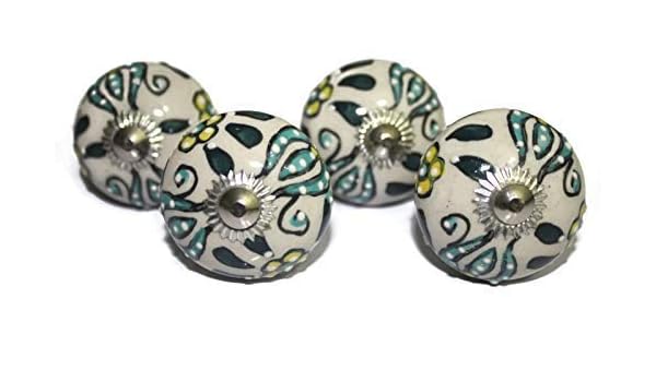 Set Of 4 Knobs Blue Green Yellow Leaf Design Ceramic Knob