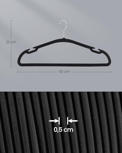 SONGMICS Cabides de Veludo, Pacote com 50 Cabides para Roupas, Antideslizantes, com Entalhes nos Ombros, Barra para Calças, Gancho Giratório 360°, que Economizam Espaço, Preto Tinta BRCRF039B03
