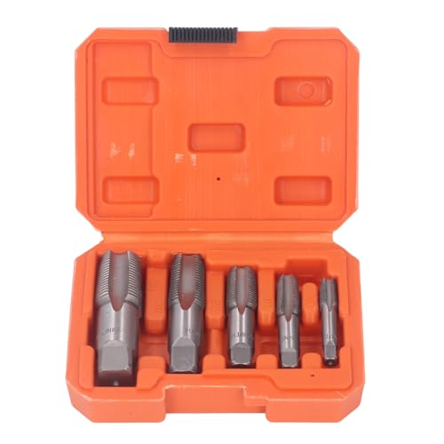 5 Piece NPT Pipe Tap Set, 3/4, 1/2, 3/8, 1/4, 1/8in Carbon Steel Threading Plumbing Tool Kit, Versatile NPT Thread Sizes, Precise Threading, with Storage Case, for Plumbing