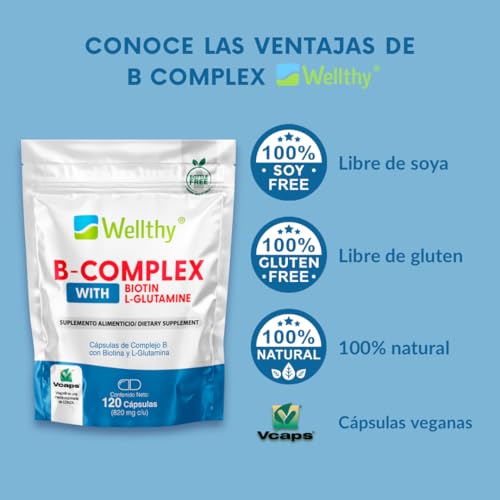 Wellthy Complejo B Cápsulas 120 porciones. Reforzado con Biotina y Glutamina. VCaps Cápsulas veganas, Bottle Free.