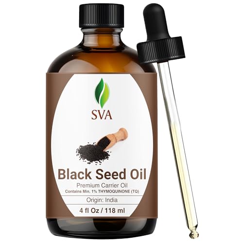 SVA Black Seed Oil – 4 Fl Oz – 100% Natural Cold Pressed Nigella Sativa – Kalonji Oil for Hair, Face & Skin Care – Carrier Oil with Dropper
