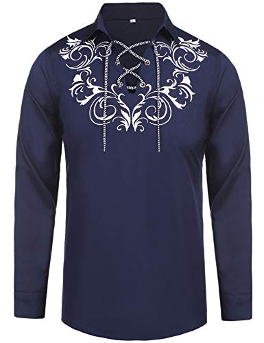 Daupanzees Mens Scottish Jacobite Ghillie Kilt Shirt Casual Long Sleeve Shirt Navy Blue
