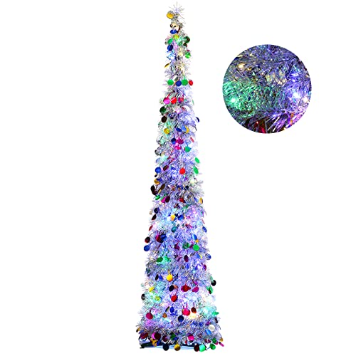 Orgrimmar 5FT Artificial Christmas Pop Up Tree Christmas Tinsel Pencil Tree with 100 Multi-Color LED Lights for Holiday Home Party Decoration (Multi)