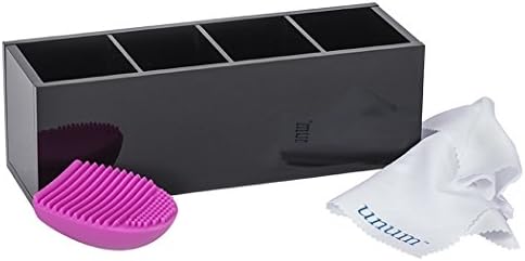 Large Black Makeup Brush Holder Organizer - Thick Sturdy Acrylic - 4 Compartment Makeup Brush Storage for Oval Brushes, Cosmetic Tools - Includes Makeup Brush Cleaner, 9" x 3" x 3"
