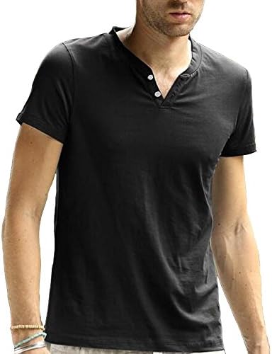Men T-Shirts Summer Casual V-neck Button Short Sleeve Tees (US Large, Black)