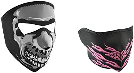 Bundle (2 Items): 1 ZanHeadgear 'Glow in the Dark - Chrome Skull', Child / Kid Size, Full Face Neoprene Face Masks -AND- 1 Zan 'Pink Flames' Half Face Neoprene Face Mask, Ski Mask