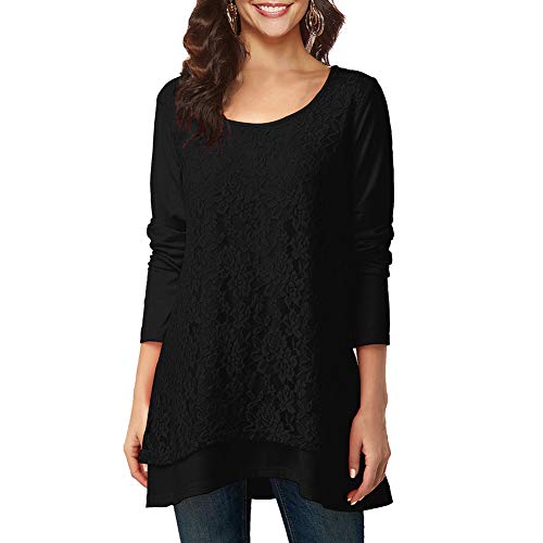 Black Tunic Tops Women Long Sleeve Lace Trim O-Neck A-Line Blouse