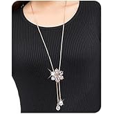 Wiwpar Y Necklace for Women Crystal Flower Shape Rhinestone Pendant Long Chain Sweater Necklace Elegant Adjustable Sparkly Flower Pendant Long Necklace Fashion for Wedding (White)