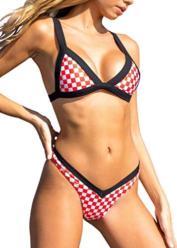 Womens 2 Piece Swimsuit Triangle Halter Padded Bikini Top High Cut Thong Cheeky Bikini Bottom Bathing Suits