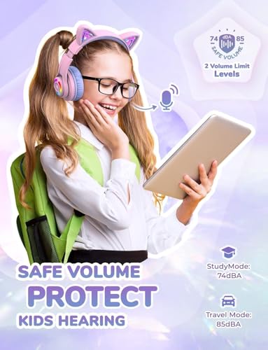 iClever BTH13 Bluetooth Kids Headphones, Cat Ear LED Light Up Wireless Kids Headphones with Volume Limited (74/85dBA), 50H Playtime, Children Headphones with MIC Over Ear for School/Tablet/PC