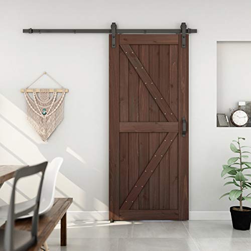 Genius Iron Dark Walnut 36inx84in Barn Door with 6.6FT Sliding Door Hardware Kit & Flush and Pull Set & Floor Guide, Pre-Drilled Ready to Assemble Environmental Solid Fir Wood Door Panel, K-Frame - Thumbnail 7