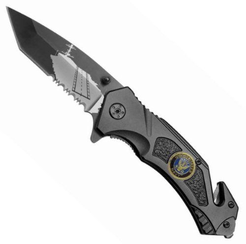 Rogue River Tactical Black USN Aircraft Carrier Spring Assist Rescue Pocket Knife US Navy Tanto Blade with Glass Breaker & Seat Belt Cutter Assisted Seals Combat Knives