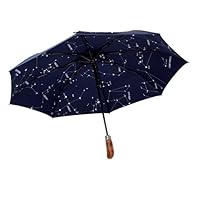 Balios (Designed in UK) Umbrella Handmade Real Wood Handle-Dark Navy with Sophisticated Constellation Interior Pattern-Windproof Fiberglass Auto Open Close Folding-300T Finest Fabric-Luxury Gift Box