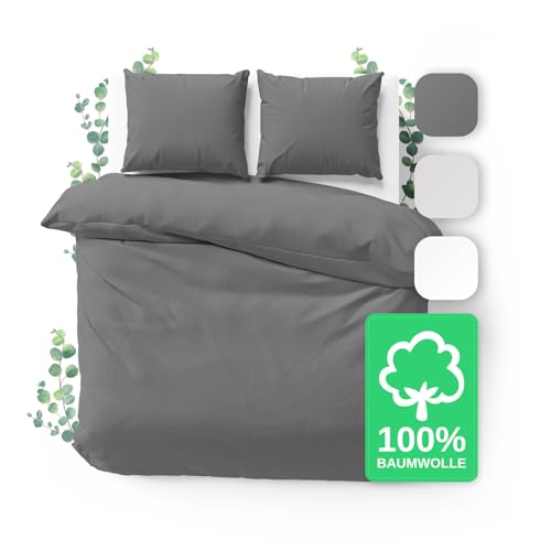 JACOBSON Bettwäsche 100% Baumwolle (240x220cm, Anthrazit, 3-teilig)